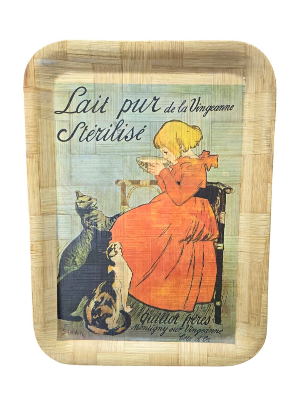 Lait Pur Sterilise De La Binganne Girl Drinking Milk & Cats Bamboo Wood Tray